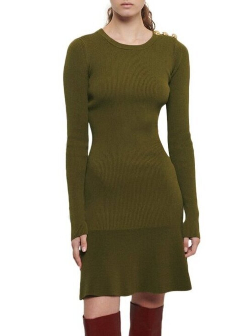 New Derek Lam Vanessa Ribbed Flounce Sweater Dress Olive Green L $495
